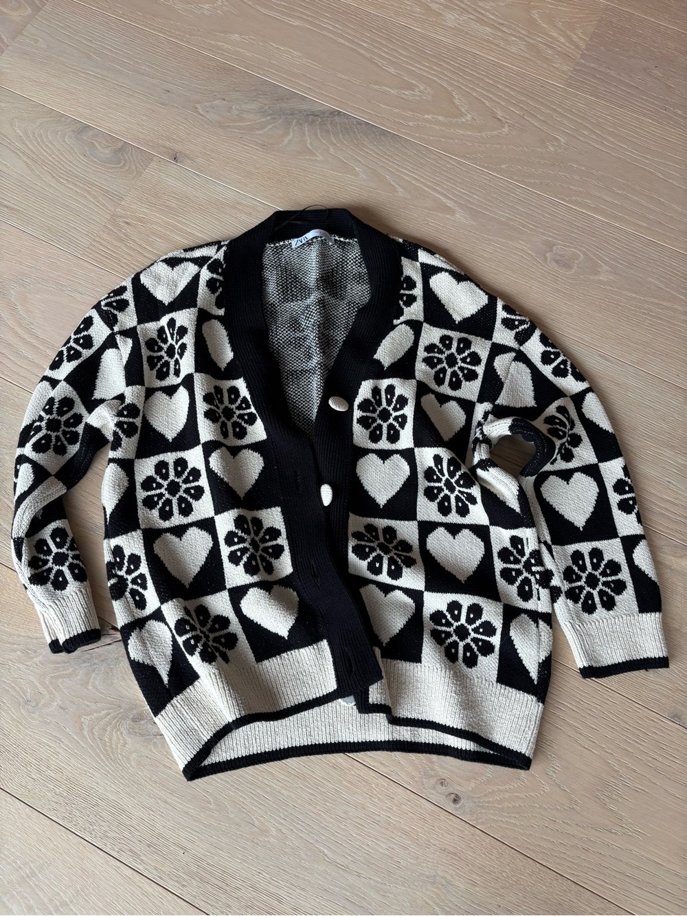 Zara Black & Cream Checked Heart and Floral Knit Cardigan